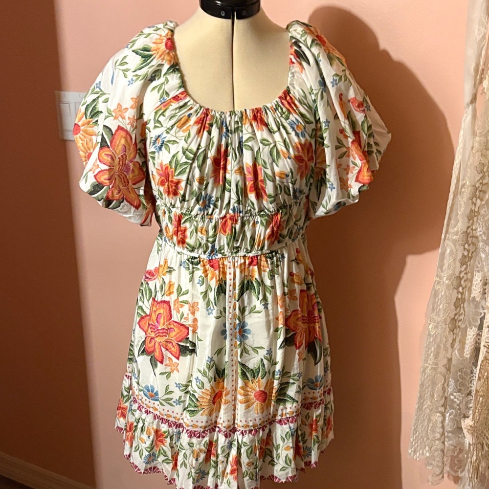 Floral Open-Back Puff Sleeve Mini Dress - White Floral - Picture 7 of 8